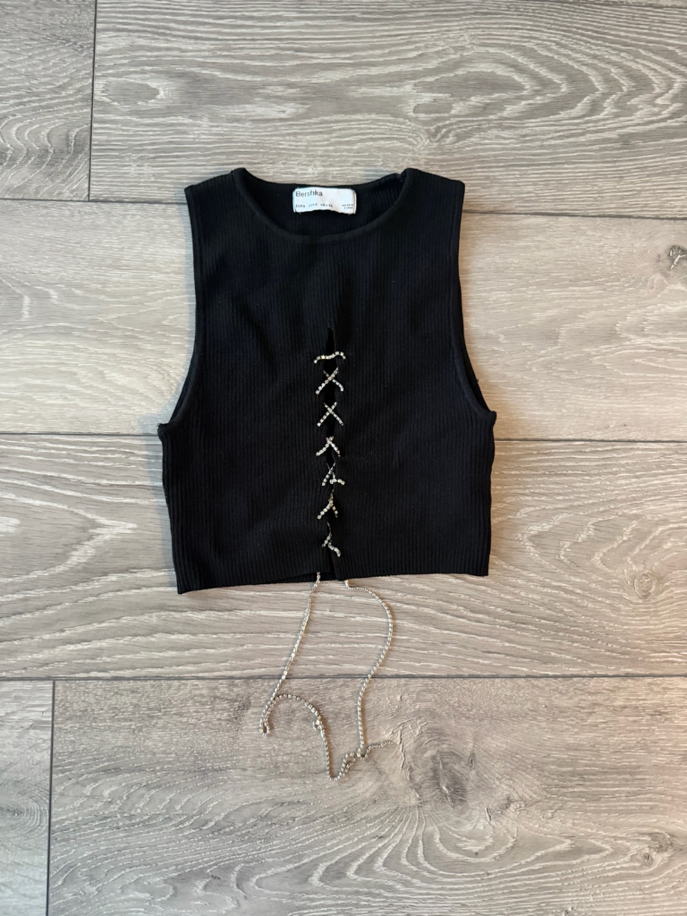 Bershka Black Ribbed Tank with Silver Chain Lace-Up